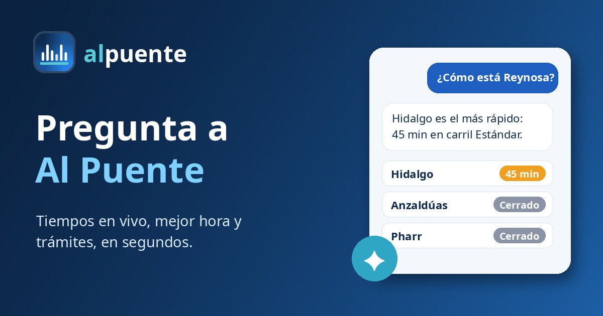Pregunta a Al Puente: una conversación con el asistente y tarjetas con el tiempo de espera de los puentes de Reynosa
